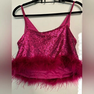 NWT blue b. collection womens hot pink‎ sequin crop top   feather trim Medium